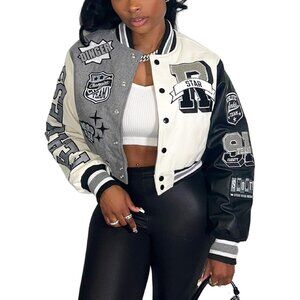 Women's Varsity Jacket with Patches Print Cropped Bomber Leather Jacket A2-Gray